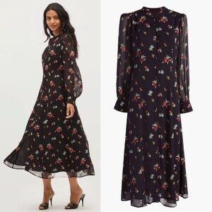 Hill House The Cindra Black Mesh Floral Long Sleeve Midi Button Down Dress Sz L